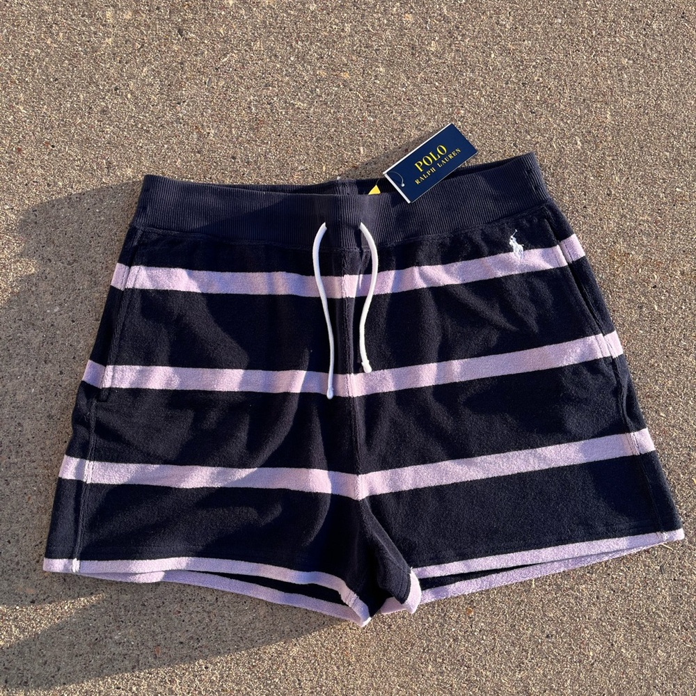 Polo Ralph Lauren two tone purple navy striped terry sweat shorts NWT